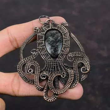 Серебряный блестящий обсидиановый кулон, обернутый медной проволокой, ювелирное изделие ручной работы, драгоценный камень, ювелирное изделие из медной проволоки, кулон в виде осьминога, подарок для него