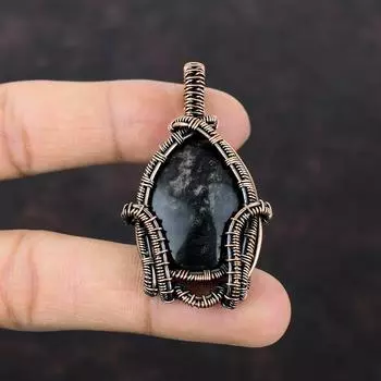 Серебряный блестящий обсидиановый кулон, обернутый медной проволокой, уникальный кулон, драгоценный камень, медные украшения, кулон ручной работы, ювелирные изделия в стиле бохо, подарок для него