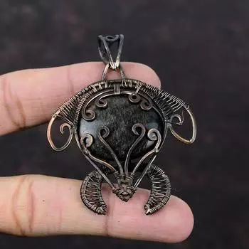 Серебряный блестящий обсидиановый кулон, обернутый медной проволокой, антикварные медные украшения, драгоценный камень, кулон, ювелирные изделия ручной работы, черепаховый кулон для подарка