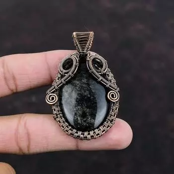 Серебряный блестящий обсидиановый кулон, обернутый медной проволокой, уникальный дизайн ювелирных изделий из меди, кулон из драгоценных камней ручной работы, свадебный подарок, проволочные украшения