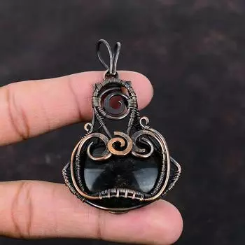 Серебряный блестящий обсидиановый кулон, обернутый медной проволокой, ювелирное изделие ручной работы, кулон с драгоценным камнем, совершенно новый кулон, медное ювелирное изделие, подарок для матери
