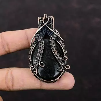 Серебряный блестящий обсидиановый медный кулон, обернутый проволокой, стильный кулон, драгоценный камень, медные украшения, кулон ручной работы, обернутый проволокой, подарок для нее