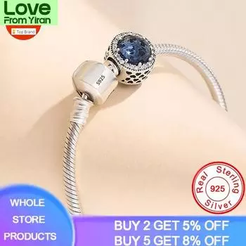 Серебряный браслет 925 пробы с синей бусиной для женщин, браслет с подвесками, подарок на День святого Валентина 20cm