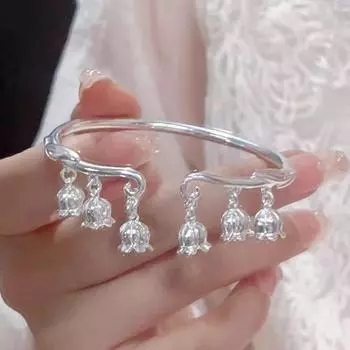 Серебряный браслет 9999 года с колокольчиком и орхидеей. Твердый открытый браслет. Браслет в молодом китайском стиле для подруги на День святого Валентина. Adjustable size