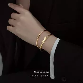 Серебряный браслет-бантик S925 - элегантный японский дизайн для девушек или подруг BAS082 песчаный/золотой