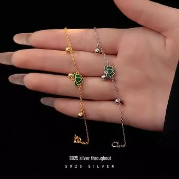 Серебряный браслет из бусин Banyan Tree Green Lotus: Серебряная ретро-эпоксидная смола S925, литературный подарок на руку с надписью «Удача». BRS362 белого золота