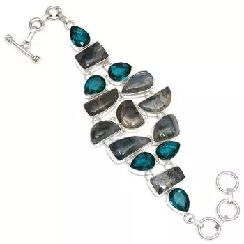 Серебряный браслет из драгоценных камней мохового агата и хромдиопсида 7-8 дюймов