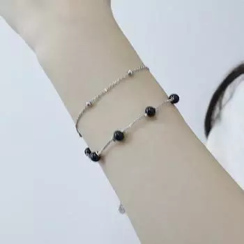 Серебряный браслет из стерлингового серебра S925, браслет из черного жемчуга в этническом стиле, двухслойный браслет из черного агата silver