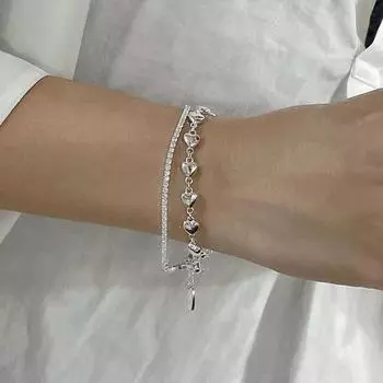 Серебряный браслет из стерлингового серебра S925, двухслойный браслет в форме сердца с цирконом, новый модный высококачественный сложенный любовный браслет, подарок лучшему другу и девушке