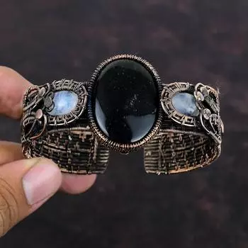 Серебряный браслет-манжета из обсидиана, браслет из медной проволоки с драгоценными камнями, браслет из радужного лунного камня, регулируемый браслет-манжета, ювелирные изделия ручной работы
