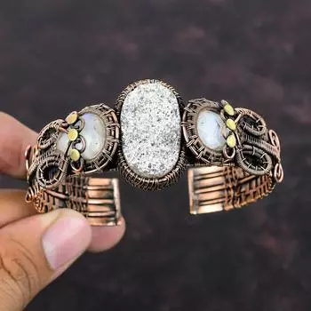 Серебряный браслет-манжета с друзами и драгоценными камнями, браслет-манжета с медной проволокой, браслет с радужным лунным камнем, регулируемый браслет-манжета, ювелирные изделия ручной работы для подарка