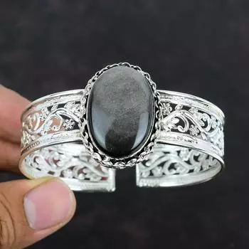 Серебряный браслет-манжета с обсидианом, ювелирные изделия ручной работы, потрясающий браслет с драгоценными камнями, браслет-манжета из стерлингового серебра 925 пробы, регулируемый браслет для подарков