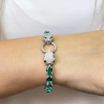 Серебряный браслет пантеры, зеленый турмалиновый камень, серебряный женский браслет, браслет из стерлингового серебра 925 пробы, браслет пантеры