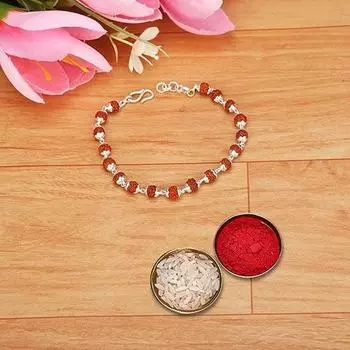 Серебряный браслет ручной работы из двойной проволоки «Рудракша Ракхи» для брата, мужской браслет с удлинительной цепочкой 6,5 мм, натуральные бусины