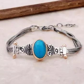 Серебряный браслет ручной работы с бирюзовым узором