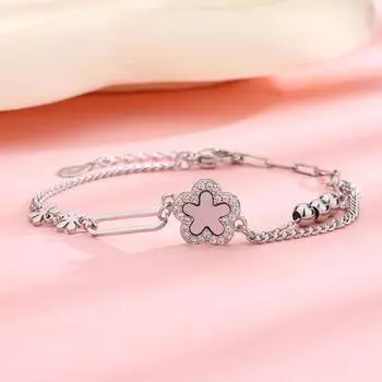 Серебряный браслет S925, браслет с пятью цветами для женщин, четырехлистный клевер, перламутровый цветочный браслет, браслет с круглыми бусинами и бриллиантами silver
