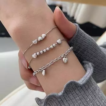 Серебряный браслет S925 из серебра 925 пробы, комбинированный браслет с любовью, стильный дизайн, сложенный браслет с милым девчачьим сердечком silver