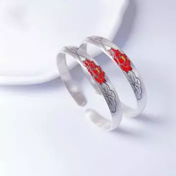 Серебряный браслет S999 с древней эмалью и цветком лотоса. Китайский шикарный браслет с перегородчатой эмалью. Adjustable size