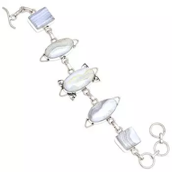 Серебряный браслет с голубым кружевным агатом и драгоценными камнями в этническом стиле 7-8 дюймов