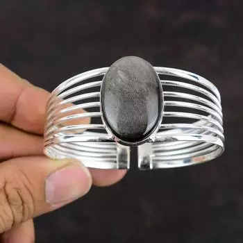 Серебряный браслет с обсидианом, браслет-манжета из стерлингового серебра 925 пробы, регулируемый браслет, браслет с драгоценными камнями ручной работы, серебряные ювелирные изделия, подарки на годовщину