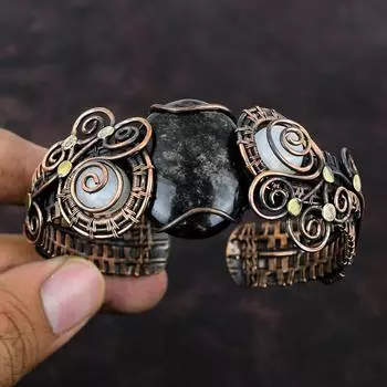 Серебряный браслет с обсидианом и радужным лунным камнем, браслет-манжета из медной проволоки с драгоценными камнями, регулируемый браслет-манжета, ювелирные изделия ручной работы для подарков