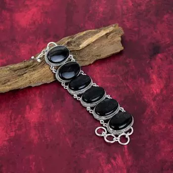 Серебряный браслет с обсидианом, ювелирные изделия ручной работы из драгоценных камней, браслет из стерлингового серебра 925 пробы, уникальный дизайн, ювелирные изделия для женщин Adjustable with 8 inches чёрный