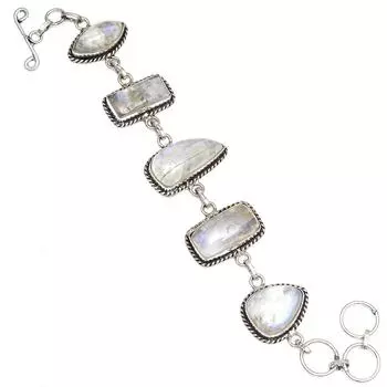 Серебряный браслет с радужным лунным камнем и драгоценными камнями для друзей 7-8 дюймов