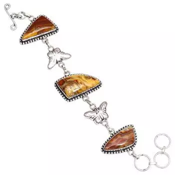 Серебряный браслет с сумасшедшим кружевным агатом и драгоценными камнями в этническом стиле 7-8 дюймов