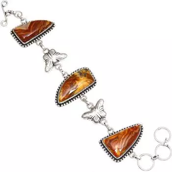 Серебряный браслет с сумасшедшим кружевным агатом и драгоценными камнями в этническом стиле 7-8 дюймов