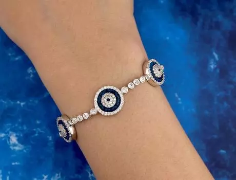 Серебряный браслет с вышивкой из камня циркона и бусинами «сглаз», серебряный браслет ручной работы, браслет из стерлингового серебра 925 пробы