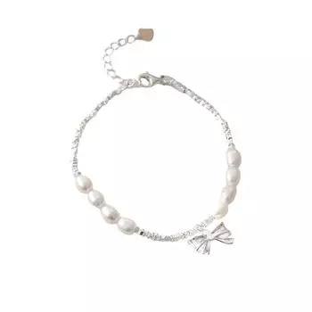 Серебряный браслет с жемчужным бантом для женщин, корейское издание, маленький и дорогой, браслет из стерлингового серебра 925 пробы в стиле Instagram Adjustable size