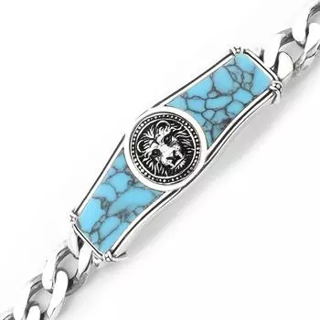 Серебряный браслет со львом, браслет ручной работы с головой льва, браслет с цепочкой, браслет с бирюзовым камнем, браслет из стерлингового серебра 925 карат