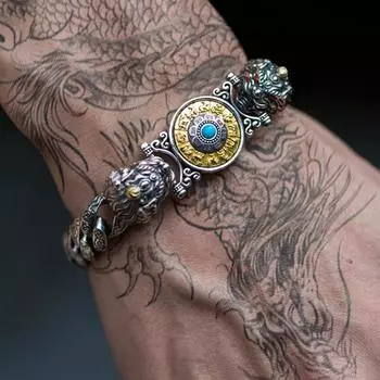 Серебряный браслет в китайском стиле в стиле ретро, двойной Pixiu, девять дворцов, которые могут вращаться, властные мужские и женские пары, персонализированные подарки 20cm