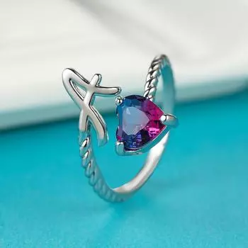 Серебряный цвет 26 английских букв Любовь Сердце Роза Красный и Синий Камень Открытие Кольца Сердце Кольцо Регулируемые Кольца Ювелирные Изделия A серебряный