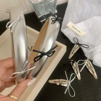 Серебряный цвет кожаный ободок-бантик Y2K заколка для волос с бантом простая заколка для волос Balletcore ежедневно Silver-Hair Clip