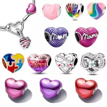 Серебряный цвет, металлик, розовое сердце, очаровательные бусины в форме сердца, подходят для серебряных оригинальных браслетов, модные женские ювелирные изделия своими руками, изготовление ювелирных изделий