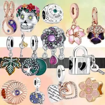 Серебряный цвет мода блестящий цветок череп ключ замок листья ангел глаз бусины подвески подходят шармы DIY браслеты женские подарки