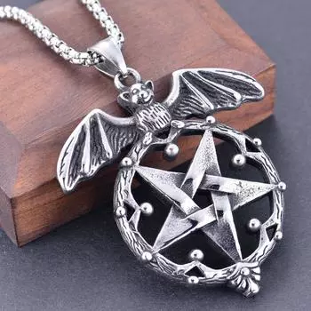 Серебряный цвет, модный персонализированный мужской кулон в стиле ретро с пятью звездами летучей мыши 50CM серебряный