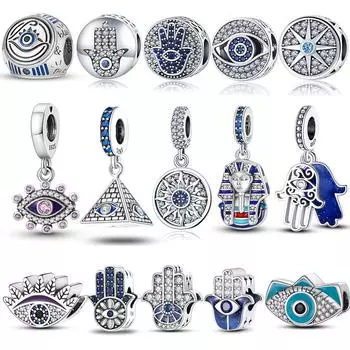 Серебряный цвет, подвески со сглазом, бусины, бусины, рука Фатимы, Хамса, висячие, подходят для браслета на сковороде, ювелирные изделия, маркировка, подарок