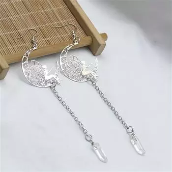 Серебряный цвет, резной лунный ангел с искусственным кристаллом и длинной цепочкой, серьги-подвески, элегантный стиль, ювелирные изделия из сплава, изысканный женский подарок