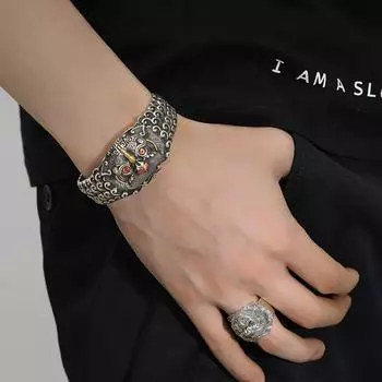 Серебряный цвет с широким лицом Tianlu Zhaocai Pixiu Браслет Мужская мода Открытый браслет в китайском стиле серебряный