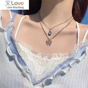 Серебряный цвет сияющий кристалл бабочка кулон ожерелья двойной слой кулон ключица чокер для женщин ювелирные изделия подарки