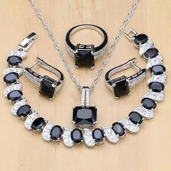 Серебряный цвет свадебные украшения черный камень белый CZ комплекты ювелирных изделий для женщин свадебные серьги кольца 7.5 чёрный