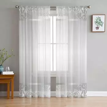 Серебряный цветочный тюлевый занавес в европейском стиле для декора гостиной, занавеска для окна в спальню, вуаль, органза, шторы W135 x H115cm x1&Rod Pocket