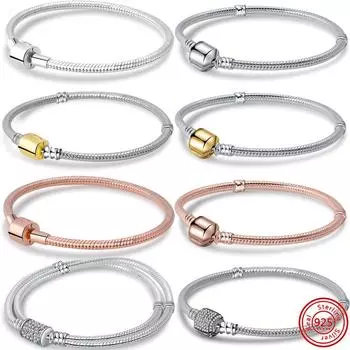 Серебряный двухцветный 925 пробы с застежкой-бочкой в виде змеи, подвески в виде цепочки, изящный браслет, подходит для оригинальных фирменных бусин, женские роскошные ювелирные изделия своими руками 18cm