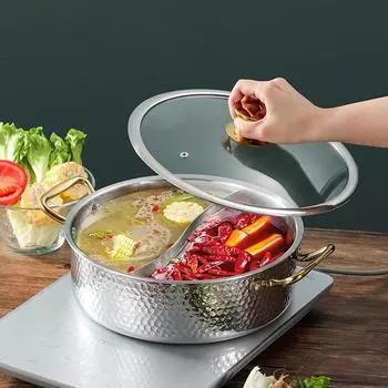 Серебряный итальянский горшок с ручным молотковым тиснением, коммерческий двойной горшок для горячего, горшок для горячего из нержавеющей стали 304, трехслойный стальной горшок для супа