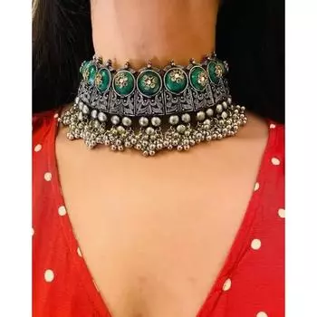 Серебряный комплект колье-чокера в афганском стиле Kundan Work для женщин и девочек