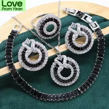Серебряный комплект ювелирных изделий для женщин, свадебный роскошный черный хрустальный браслет, серьги, ожерелье, кулон, кольцо, подарок на день рождения, Рождество 9