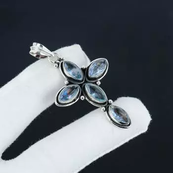 Серебряный крест-кулон с драгоценным камнем аквамарина из серебра 925 пробы — дизайн ручной работы, повседневные украшения, уникальный кулон, праздничный наряд в подарок для женщин 2.7 синий