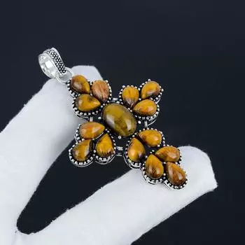 Серебряный крест-подвеска с натуральным тигровым глазом из стерлингового серебра 925 пробы - дизайн груши ручной работы, повседневная одежда, праздничный наряд, подарок 2.95 коричневый